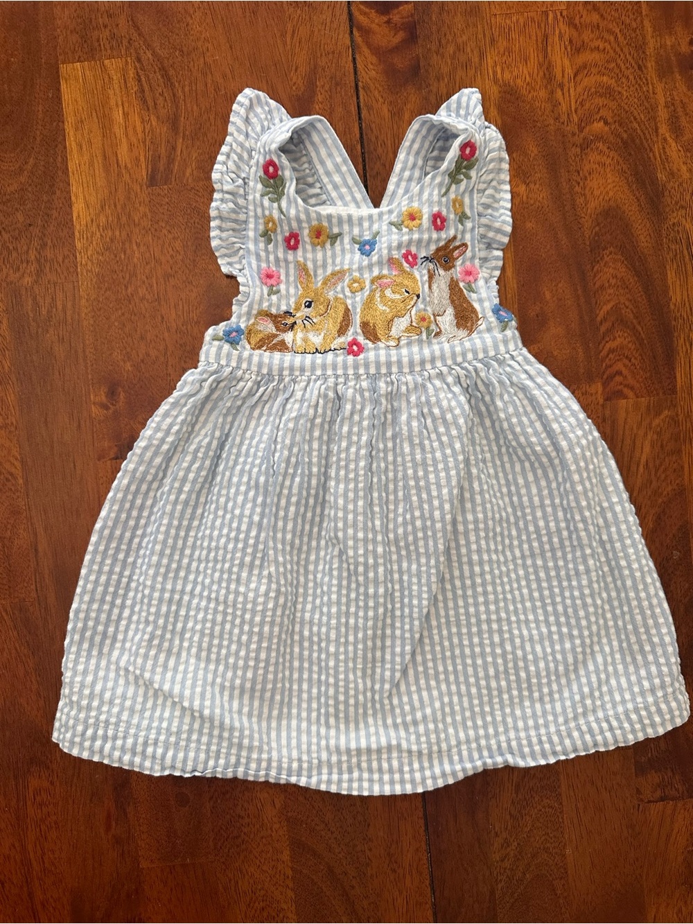 Baby Boden Light Blue and White Striped Bunny Embroidered Pinafore